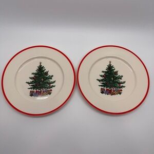 Vtg 80s Taylor Smith & Taylor 2 Dinner Plates 10" Holly & Spruce Christmas Tree